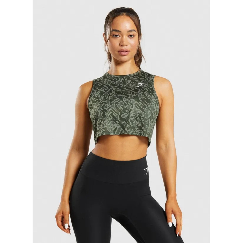 Womens Gymshark Adapt Animal Seamless Crop Top Sleeveless Green Camo Size XS